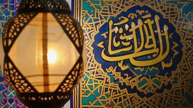 Traditional Arabic lantern with intricate patterns and calligraphy in a mosque or Islamic interior setting, shining brightly