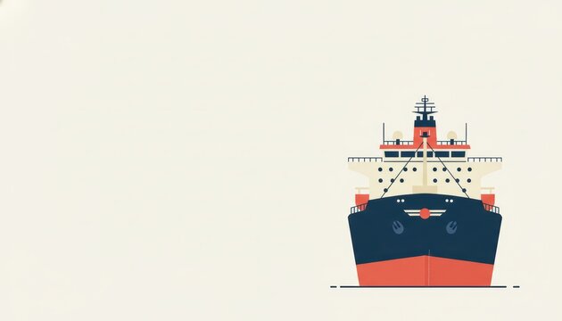 Stylized front view illustration of a large maritime cargo ship with dark blue red and beige colors