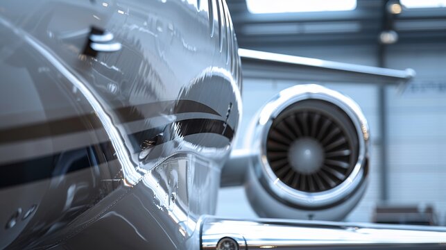 Luxury Private Jet Engine & Tail Fin Detail in Hangar. Executive Business Aviation Transport.