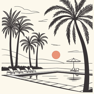 A black and white drawing of a tropical beach scene with palm trees
