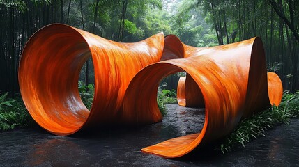 Serene Bamboo Forest Sculpture Orange Curves in Lush Greenery.