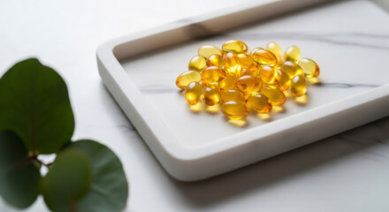 Yellow capsules of vitamin E or Omega 3 on a white tray with green leaf. Food supplement for health and wellness concept.
