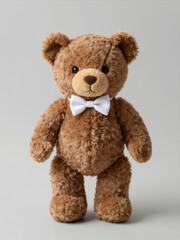 Obraz premium Brown Teddy Bear With White Bow Tie Isolated On A Plain Gray Background, Cute Plush Toy