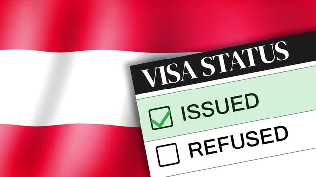 Visa application approval process with hand checking issued box against red and white flag backdrop