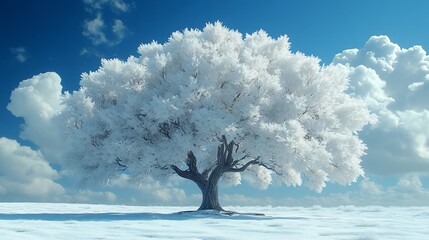 Solitary Tree Draped in Snow Against a Blue Sky with Clouds.