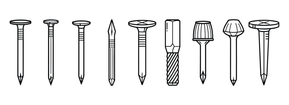 Set of black line vector nails isolated on transparent background