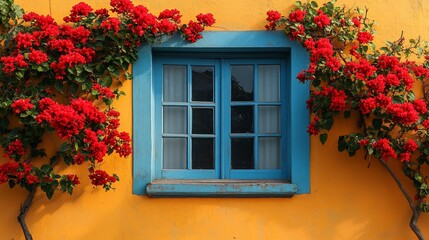 Vibrant Bougainvillea Framing a Blue Window on Yellow Wall.