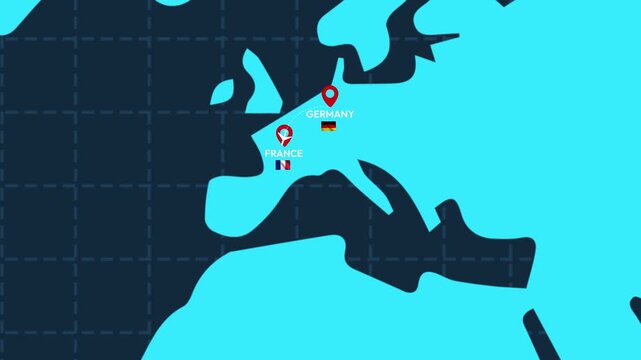 Animated map video of France to Germany journey with airplane icon highlighting travel ease and connectivity