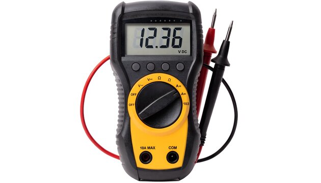 Digital multimeter with probes and wires showing dc voltage measurement isolated on white background for electrical testing and circuit analysis applications
