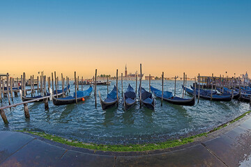 VENICE, ITALY: Fish eye view of Grand Canal with gondolas and San Giorgio Maggiore church.  © Florin