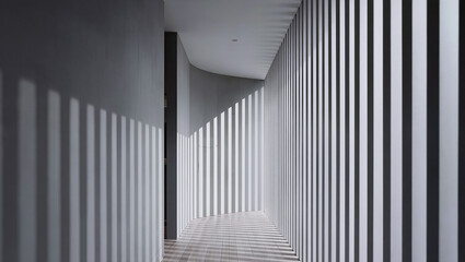 Obraz premium A modern hallway with strong vertical light and shadow patterns on its curved walls and striped floor