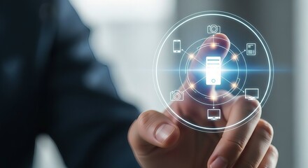 Fototapeta premium Businessman touching virtual screen with smart device and cloud network icons