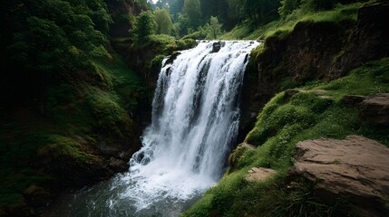 A powerful waterfall cascades down a lush green cliff surrounded by dense forest and natural vegetation