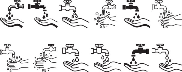 Water tap hand wash line and glyph icon collection. Includes washing hands, water drops, faucet, and hygiene symbols. Created in black and white style with monochrome palette.
