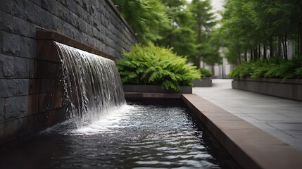 Naklejka premium Serene modern urban garden with a cascading waterfall lush greenery and elegant stone wall