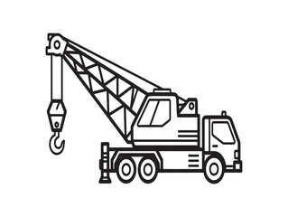 A black and white line drawing of a mobile truck crane with a hook