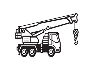 A black and white line drawing of a truck mounted crane with a hook © MDWALID