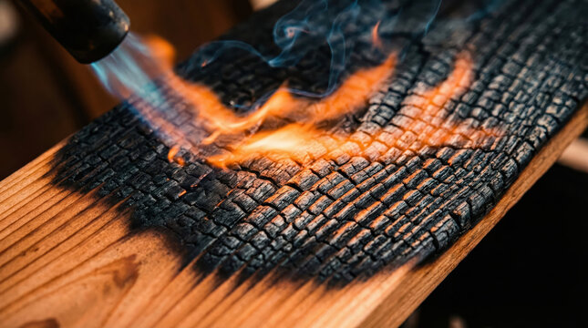 Blowtorch burning wooden board for traditional yakisugi treatment. Charred wood surface for carpentry and renovation.