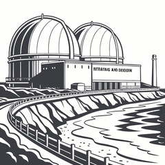 A black and white drawing of a large building with domes © Ki