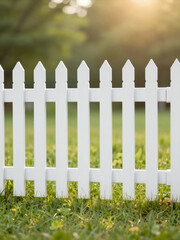 White Picket Fence In Grassy Field With Sunlight Filtering Through Trees In The Background