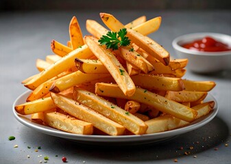 Knusprige Pommes frites, serviert auf einem wei&szlig;en Teller mit Ketchup in einem kleinen Sch&auml;lchen, dunkler, verschwommener Hintergrund.