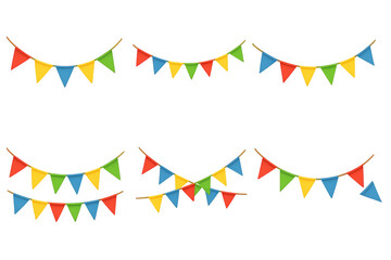 Obraz premium Six colorful triangular pennant bunting strings in red, yellow, green and blue hanging as festive decorations
