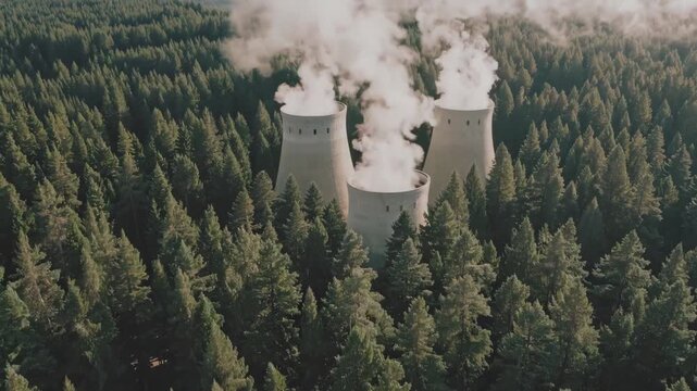Three large concrete cooling towers release white steam into the air, surrounded by a thick coniferous forest. This scene illustrates the intersection of industrial energy production and the natural e