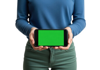 A person holding a smartphone with a green screen