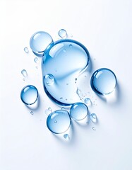 Collection of Transparent Water Droplets on White Surface with Blue Tints