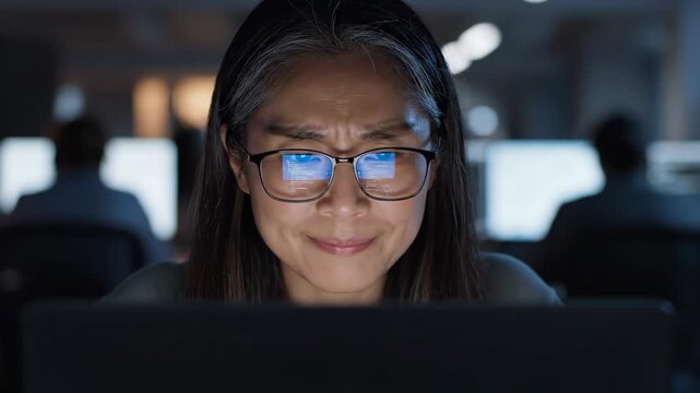 Asian woman developer working late at night celebrates success. Professional programmer fixing code and smiling with relief in dark office. IT breakthrough concept