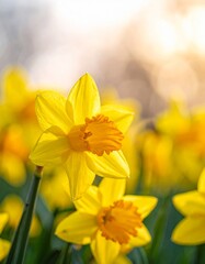 Fototapeta premium Radiant Yellow Daffodils with Orange Centers Illuminated by Soft Sunlight