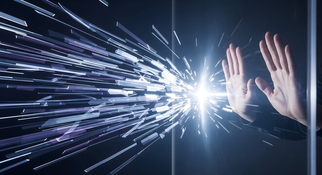 Human hands press against a transparent barrier, deflecting an explosive burst of light and abstract digital particles in a dark, futuristic environment.