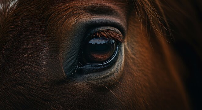 Closeup of brown horse eye with long eyelashes and detailed iris looking directly at camera  eye of a horse