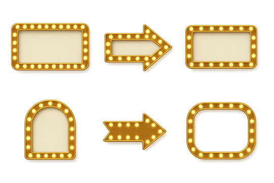 Set of six golden marquee light frames and arrows with illuminated bulbs in various shapes for signage, displays, and retro decorative designs