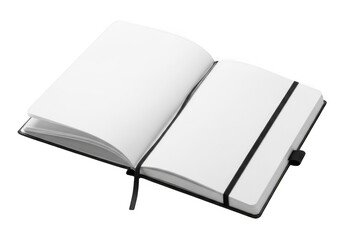 An open notebook with blank white pages