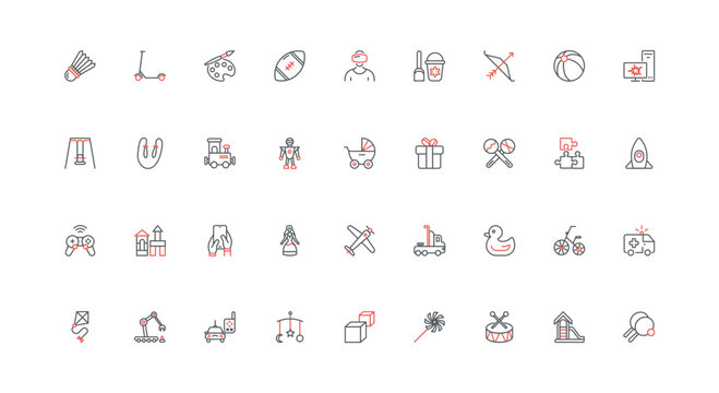 Development toys for baby, games and sports activity for child, leisure of teenager line icon set. Playground, park area and kindergarten equipment thin black red outline symbols vector illustration