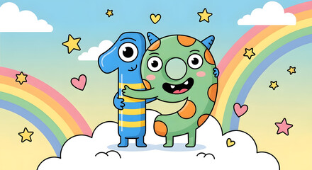 Obraz premium cute monster characters in shape of number nineteen hugging on clouds with rainbow and stars, with copy space, for kids birthday cards and educational websites