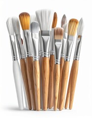 Fototapeta premium Assorted Paintbrushes with Wooden Handles and Silver Ferrule on White Background