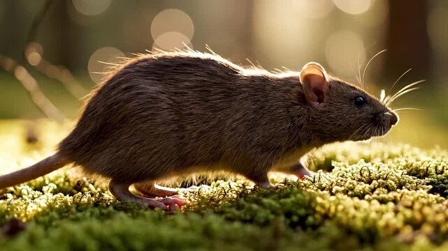 Brown rat foraging on mossy forest floor at golden hour, close-up wildlife rodent in warm backlit sunlight with soft bokeh