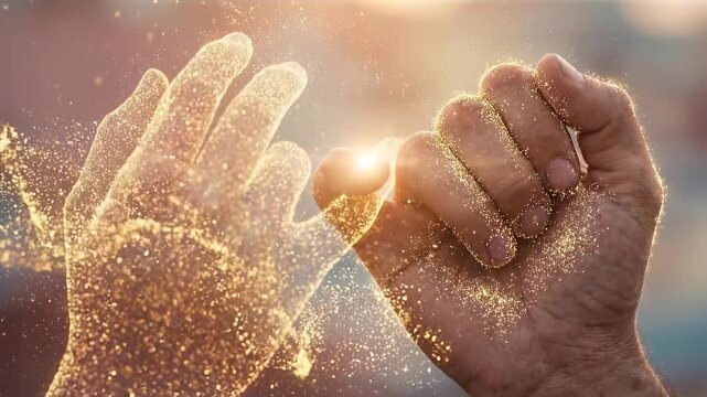 An evocative image of two hands interlocked in a pinky promise. One hand is real, the other is a shimmering illusion, bathed in a soft glow.