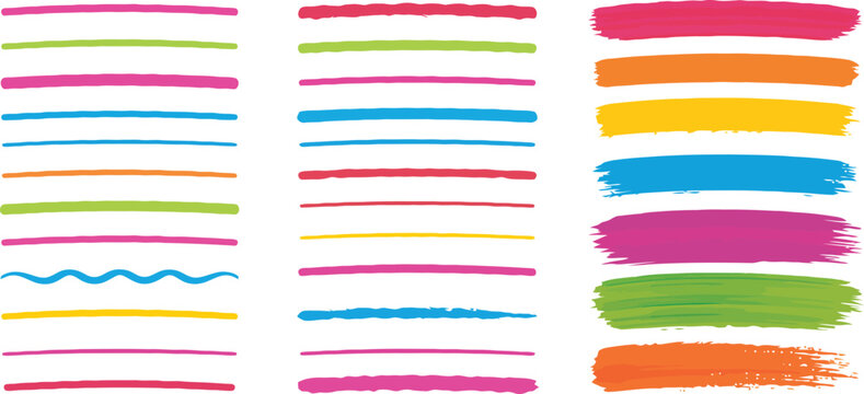Colorful hand-drawn underline and brush stroke vector set. Includes 20 thin lines, 10 thick lines, and 6 paint strokes in various colors.