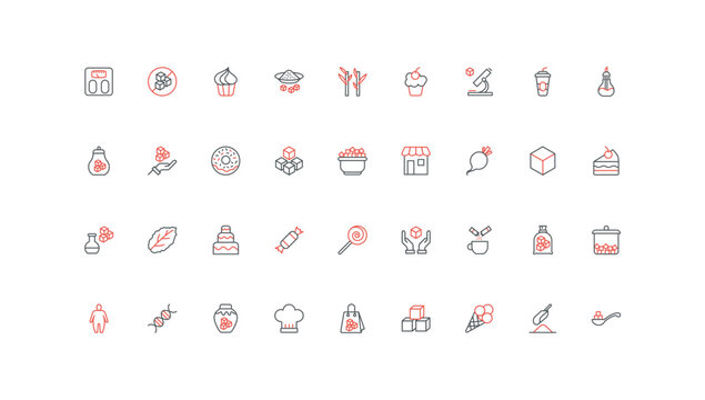 Sugar, sweet confectionery food and sweeteners line icon set. Sugar cubes, sand pile and powder, stevia plant and drugs, candy, bag and sachet thin black and red outline symbols vector illustration