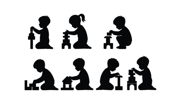 Child silhouette playing with building blocks in various poses