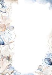 Obraz premium Frame with beige, blue and grey watercolor seashells, illustration for coastal beach wedding