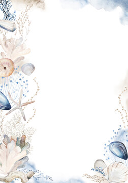 Frame with beige, blue and grey watercolor seashells, illustration for coastal beach wedding