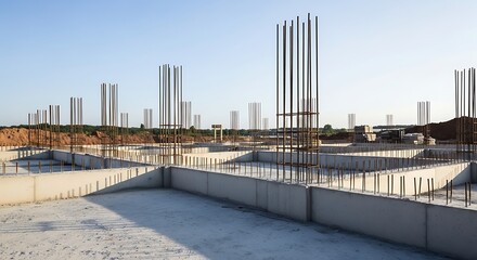 Concrete foundation base with reinforcing steel for a modern structure