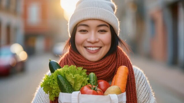 A smiling young woman in cozy winter wear holds a reusable bag filled with fresh vegetables, radiating health, warmth, and everyday joy.