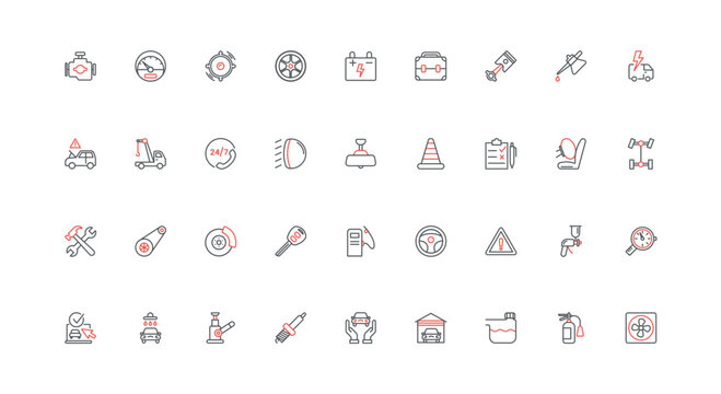 Auto shop and car service, vehicle parts and fuel, mechanic tool, gearbox line icon set. Check engine and battery, tow truck, brake and oil thin black and red outline symbols vector illustration