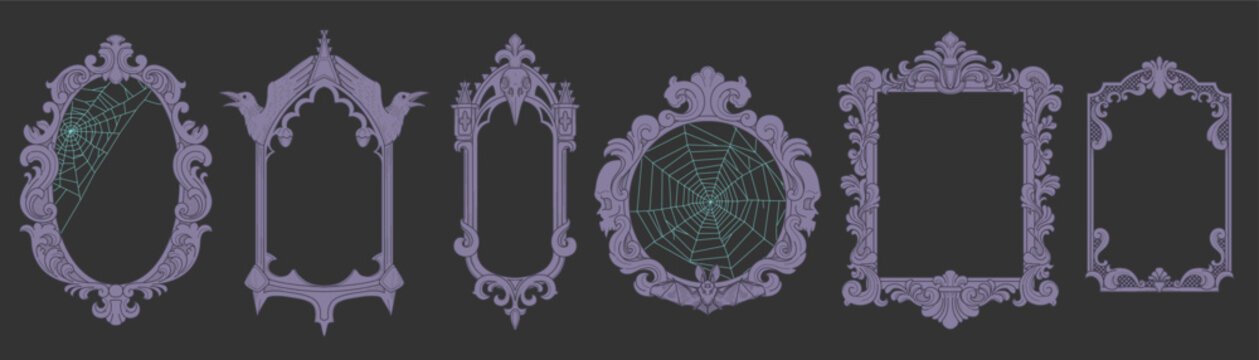 Gothic picture frame. Vintage border. Antique ornament with bat and ravens. Elegant spooky boundary. Victorian horror art. Retro design hand drawn. Vector decoration flat style isolated illustration