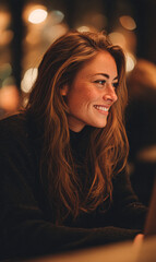 Fototapeta premium A young woman with long hair smiles warmly in a softly lit indoor setting, creating a cozy and joyful atmosphere.